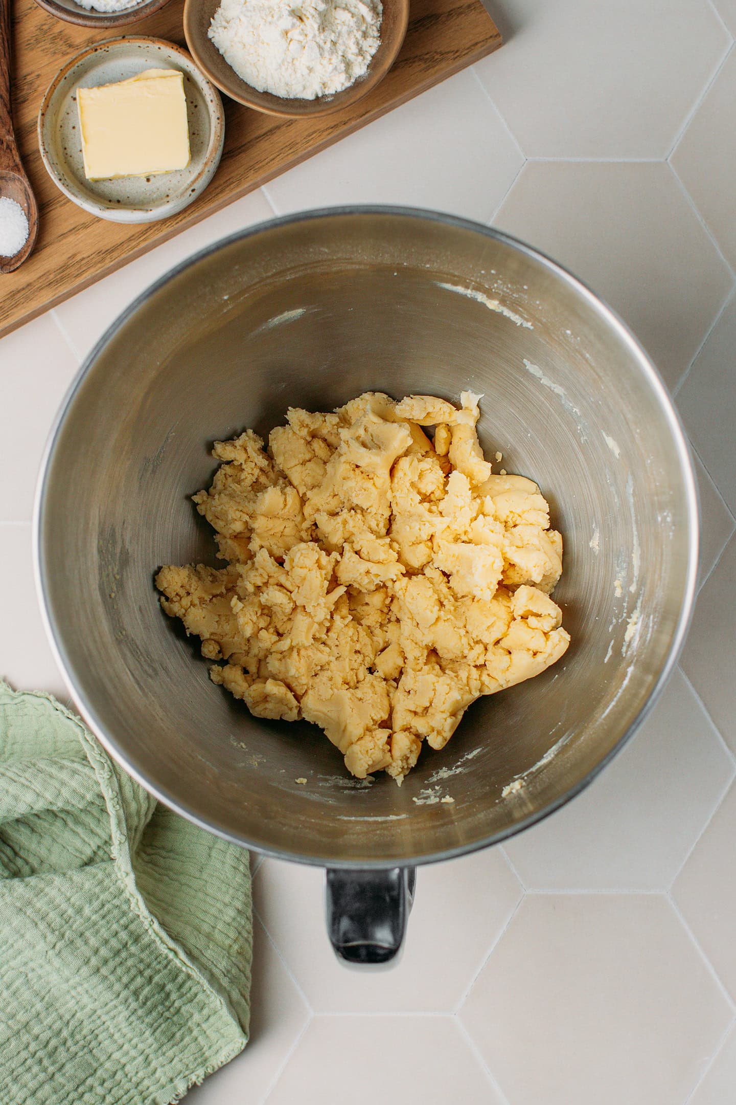 Vanilla cookie dough in a stand mixer.