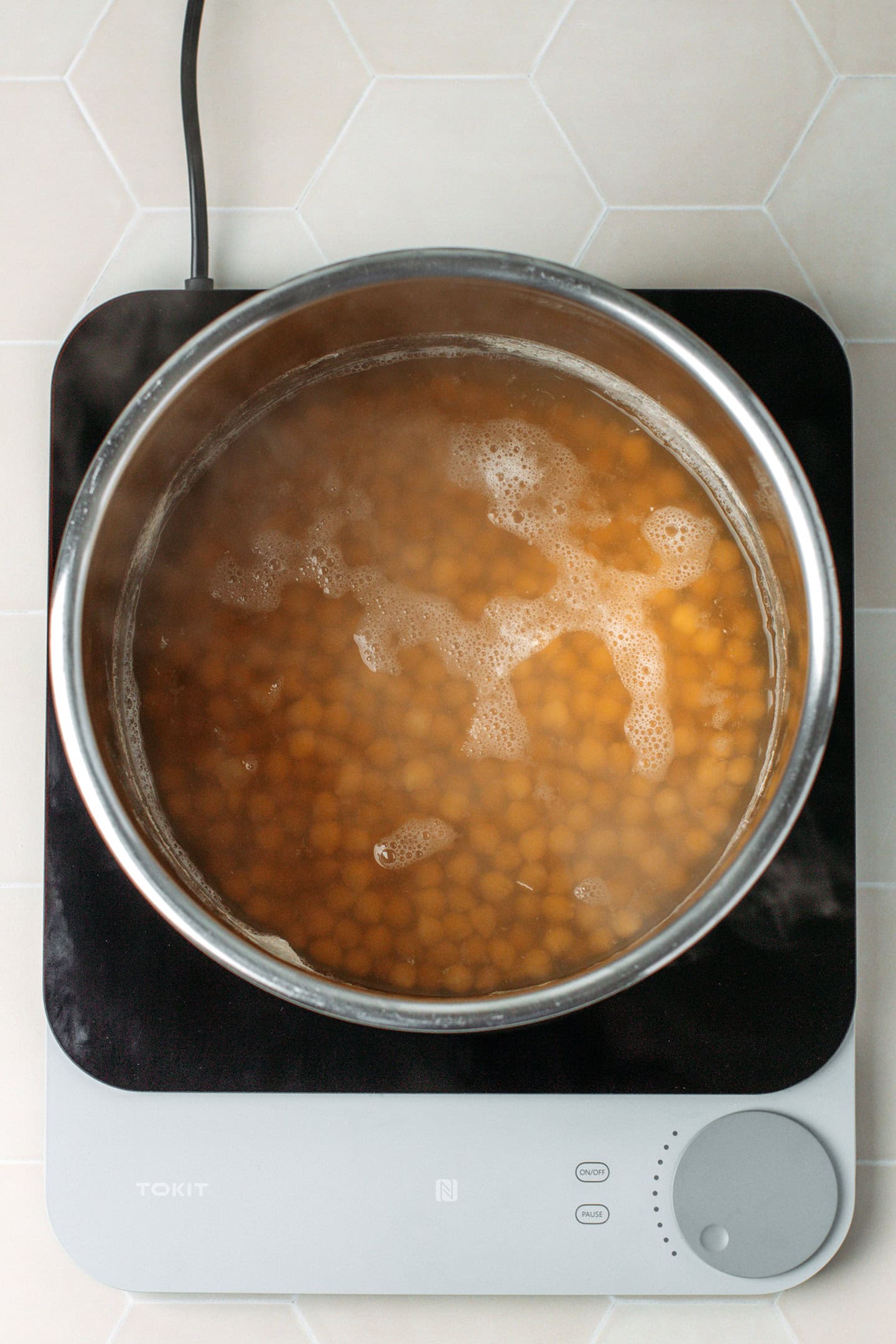 Cooked chickpeas in a pot.