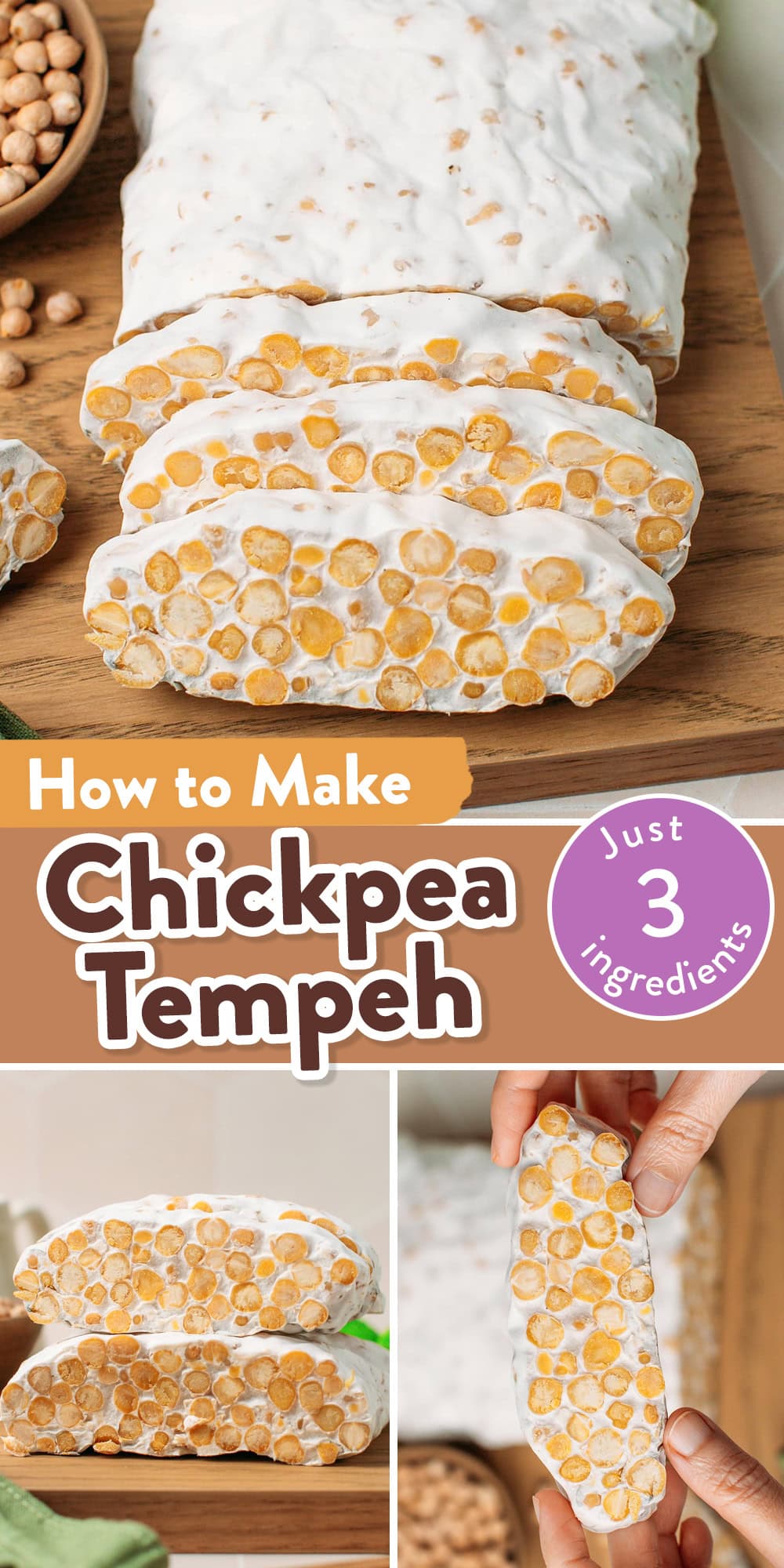 Chickpea tempeh on a cutting board.