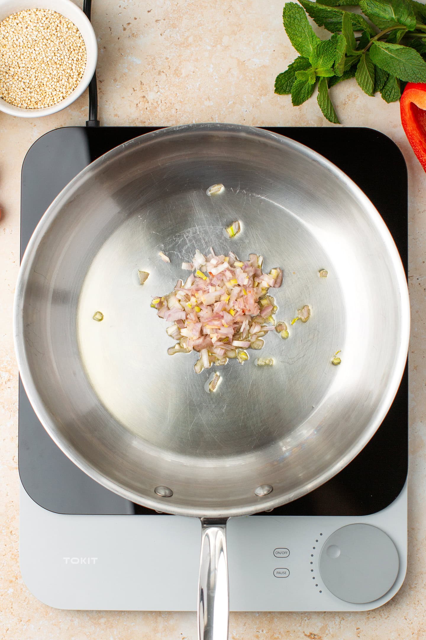Minced shallot and oil in a skillet.