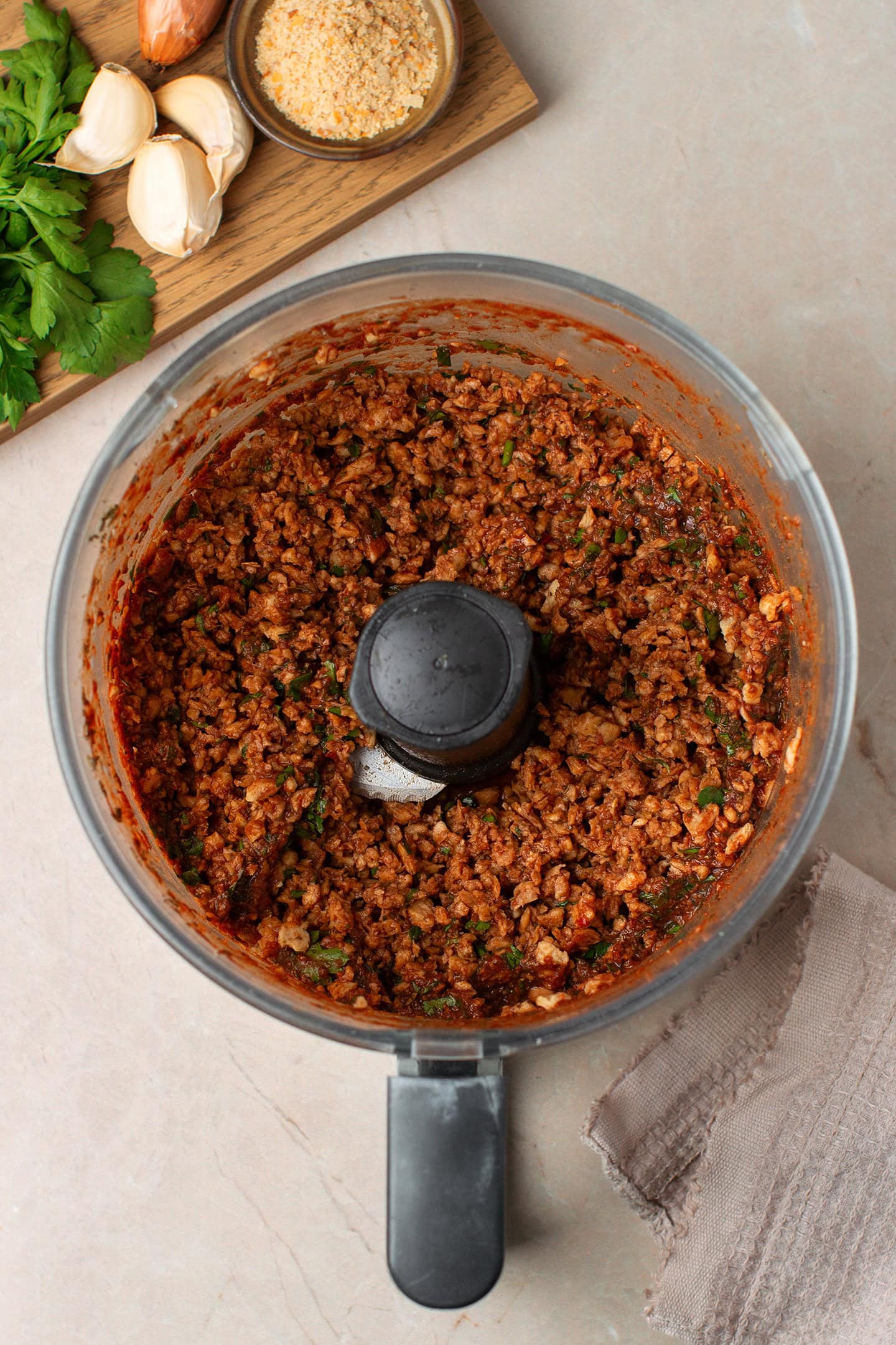 Processed TVP in a food processor.