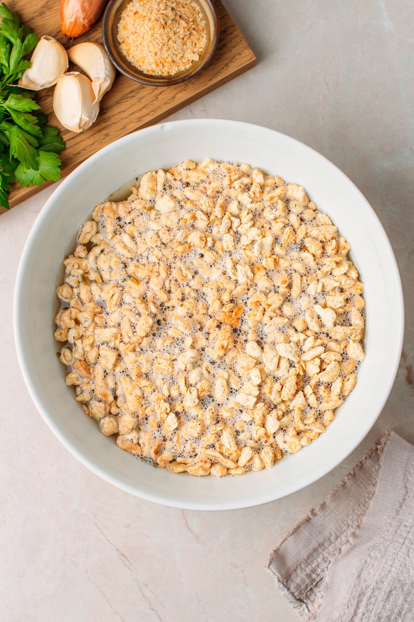 TVP chunks rehydrating a bowl.