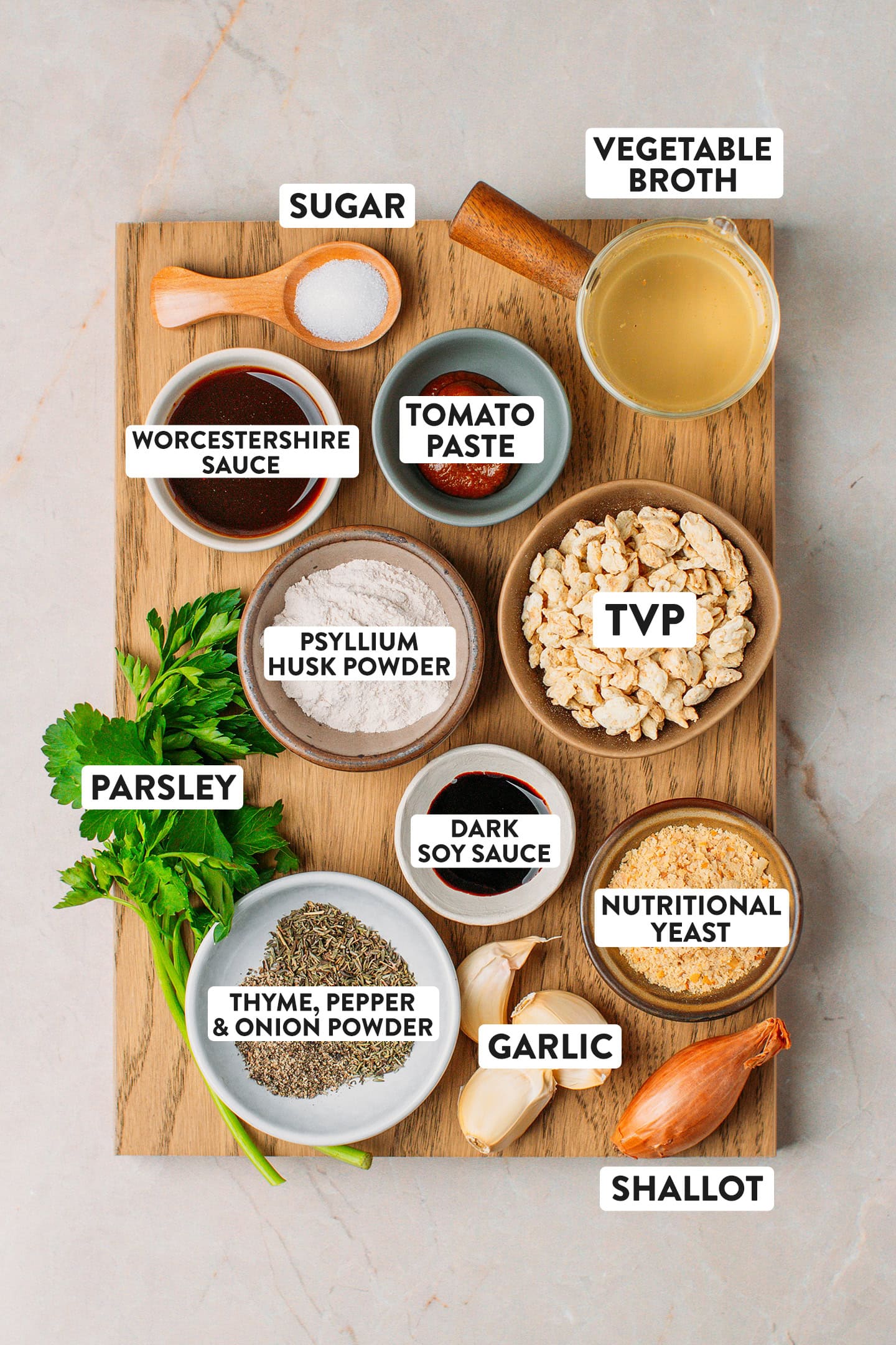 Ingredients like TVP, psyllium husk powder, worcestershire sauce, and parsley.