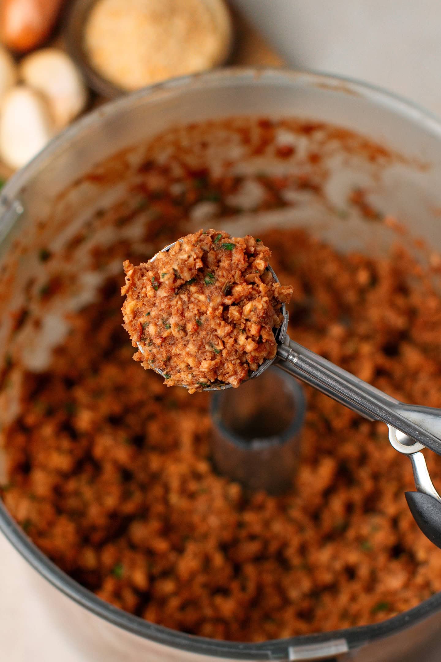 Cookie scoop filled with TVP mixture.