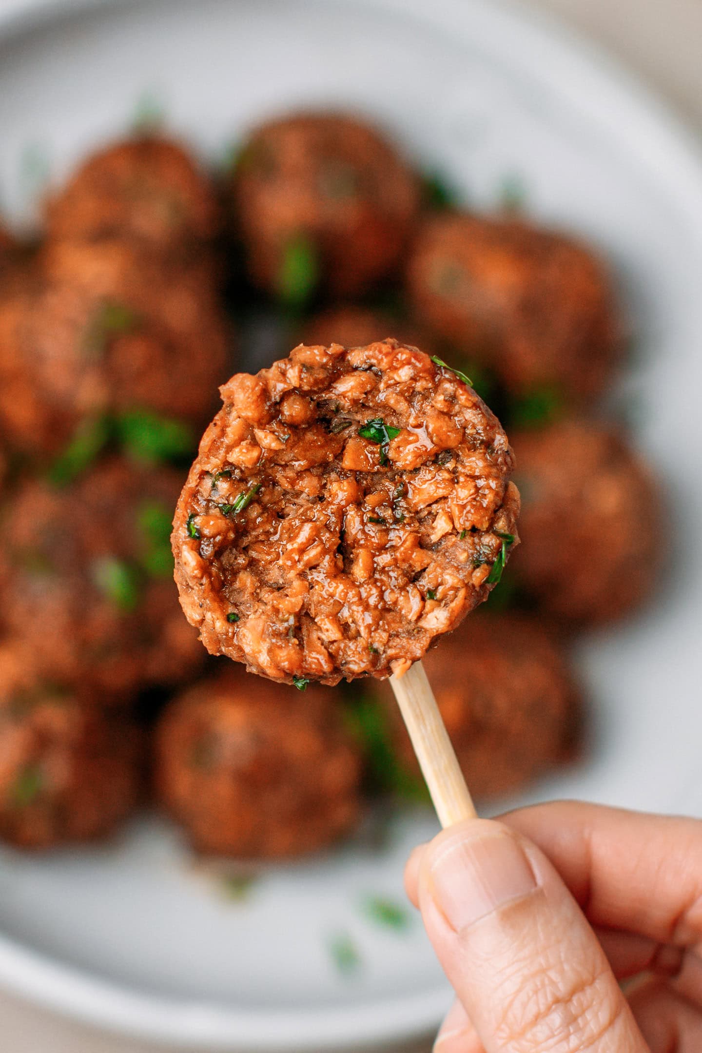 Close-up of the inside of a vegan meatball.
