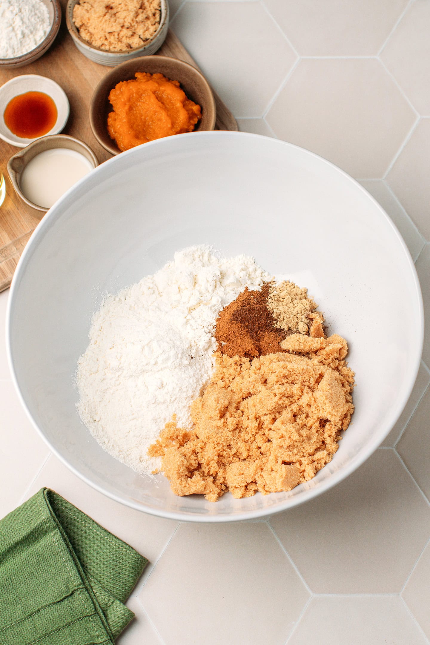 Flour, light brown sugar, spices, and salt in a mixing bowl.